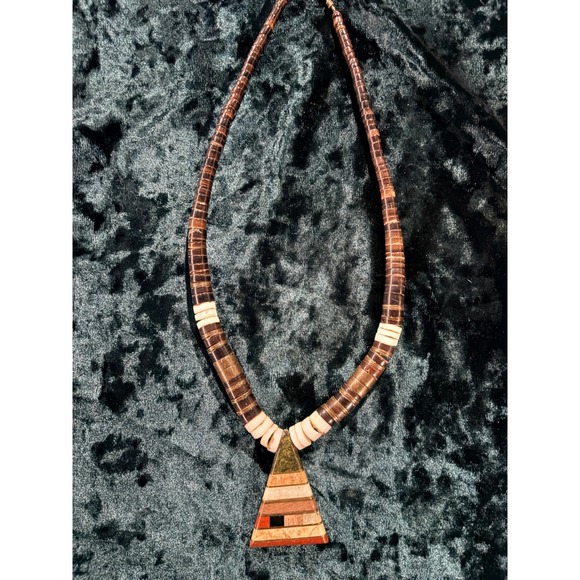 Jewelry - Boho Inlaid Stone Triangle Pendant Necklace Natural Wood Bone Beads
